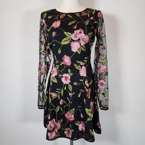 Emerald Sundae Women's Black Floral Embroidered Long Sleeve Party‎ Dress